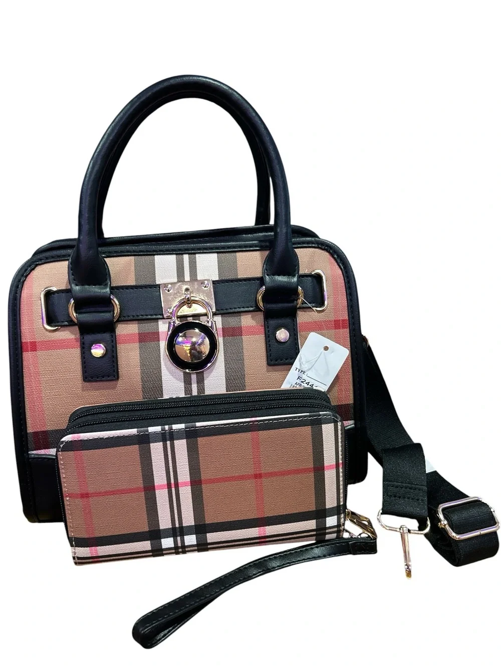 Wendy Keen Plaid Satchel and Wallet Set with Black Trim - Beige/Tan Plaid